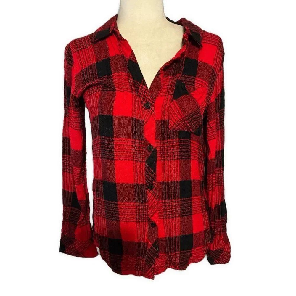 Rails Anthropologie Red Black Plaid Flannel Long Sleeve Button Down Top Xs